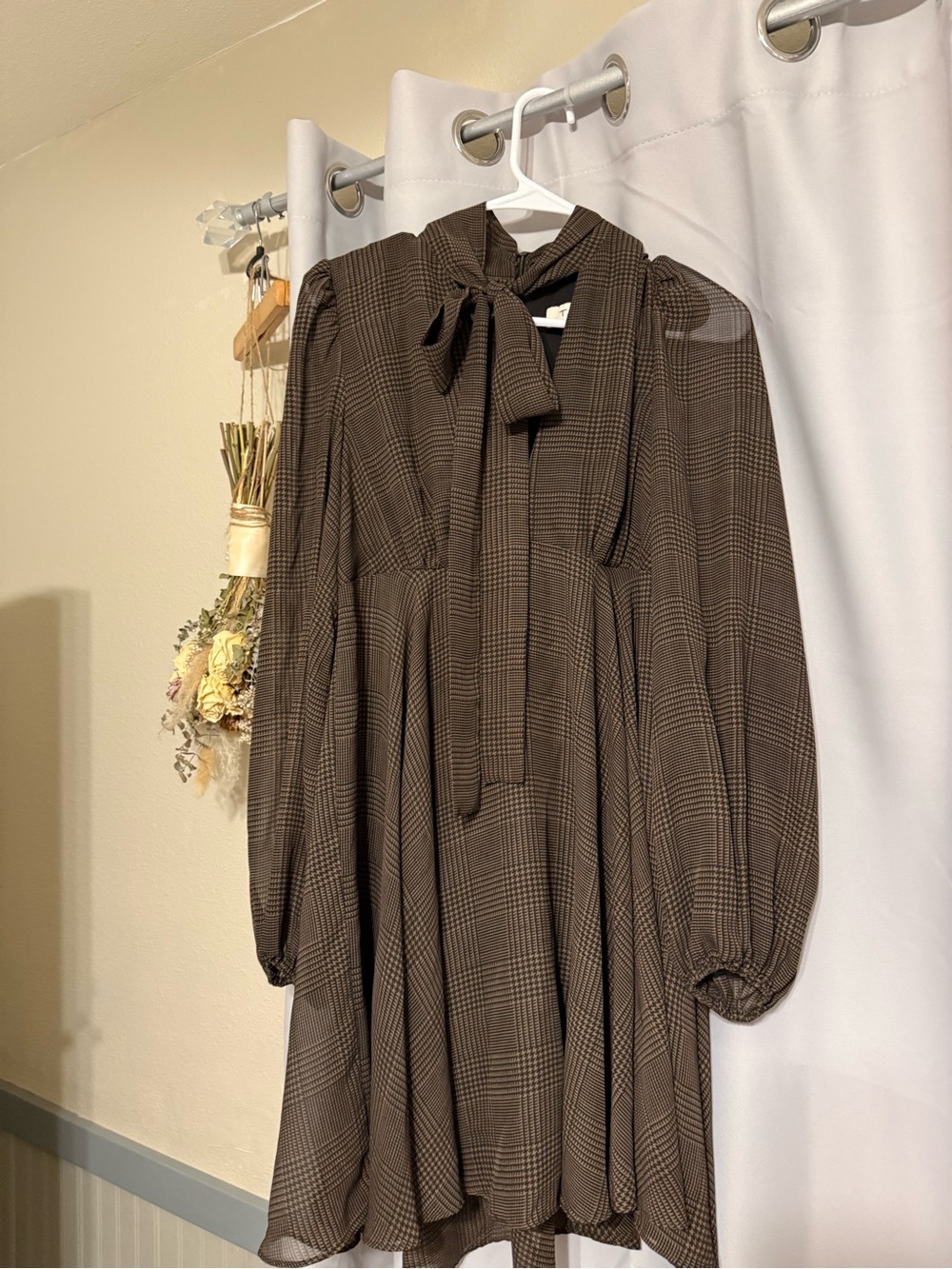 Taylor Brown Plaid Tie-Neck Long-Bell Sleeve Dress